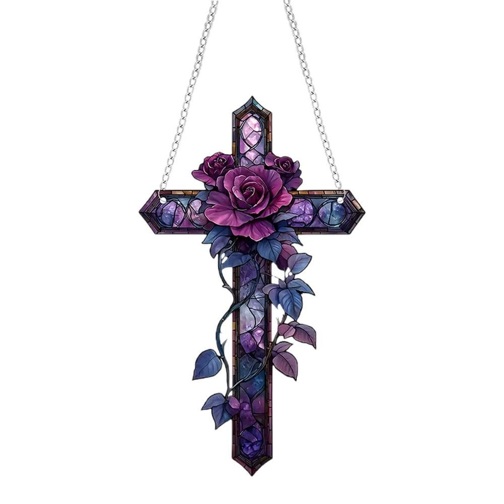 Rose Cross Suncatcher Hanging Decor, 2D FlatStained Acrylic Suncatcher, Stained Glass Decorations, Patio Christian Inspirational Crosses Home Wall Hangings Decoration