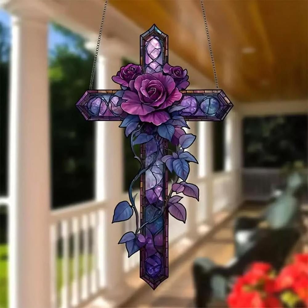 Rose Cross Suncatcher Hanging Decor, 2D FlatStained Acrylic Suncatcher, Stained Glass Decorations, Patio Christian Inspirational Crosses Home Wall Hangings Decoration