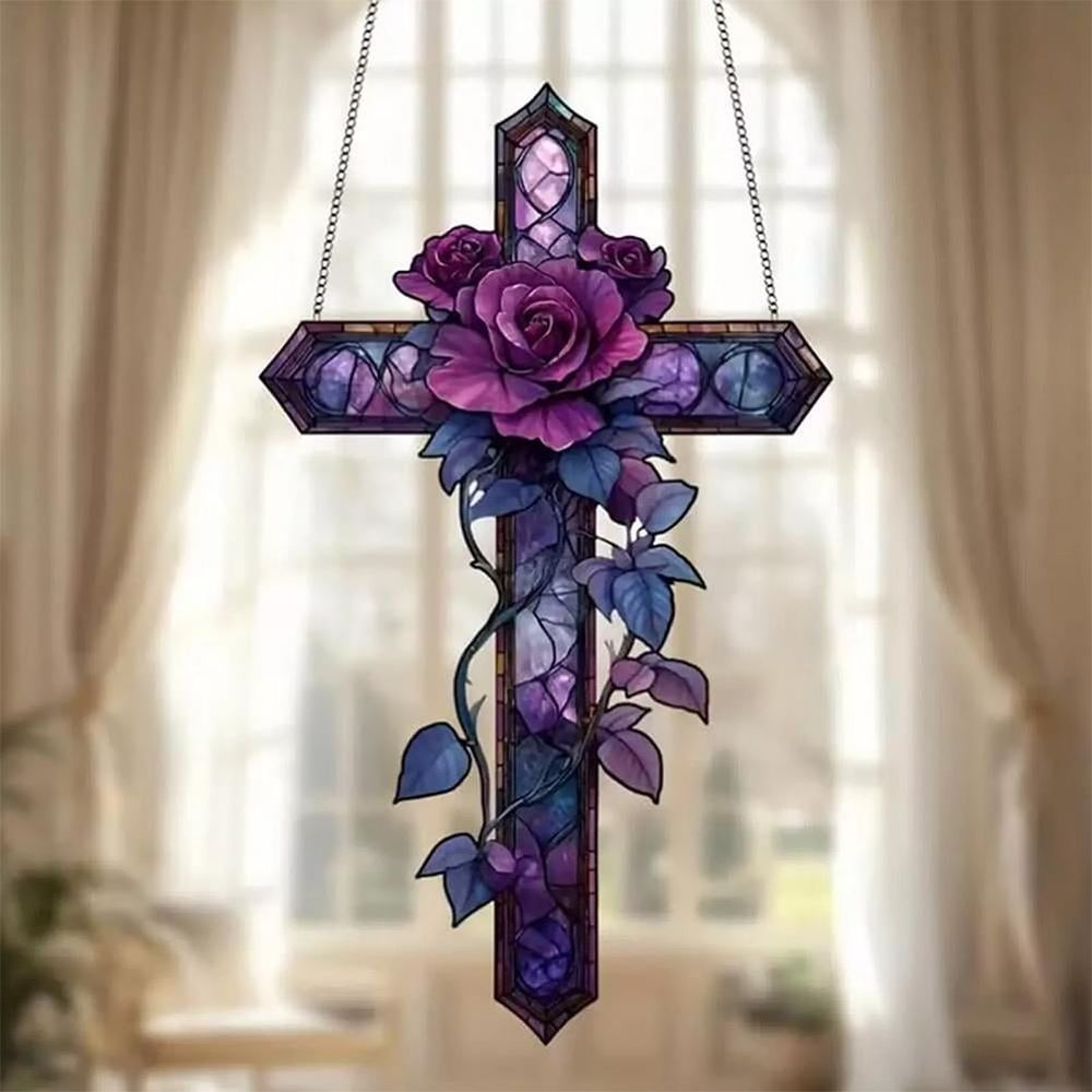 Rose Cross Suncatcher Hanging Decor, 2D FlatStained Acrylic Suncatcher, Stained Glass Decorations, Patio Christian Inspirational Crosses Home Wall Hangings Decoration