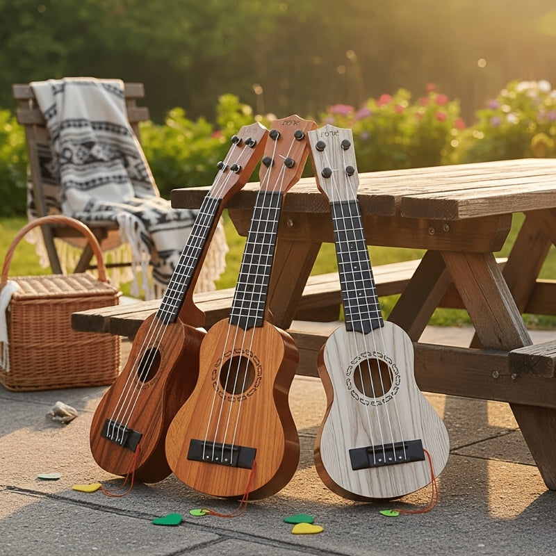 Acacia wood 17-inch Playable Ukulele Mini Guitar, lightweight and portable. Features comfortable nylon strings, includes a pick, and has open-style tuning pegs for precise tuning. Suitable for beginners and music enthusiasts, a popular gift choice for hol