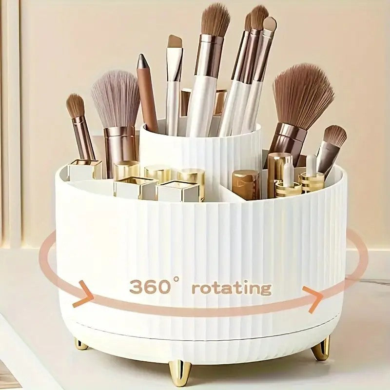 360° Rotating Multi-Compartment Makeup Brush Holder: Luxurious Vertical Texture with Golden Feet Design, Scientifically Organized Storage, One Cylinder to Tidy Your Vanity Table(White))