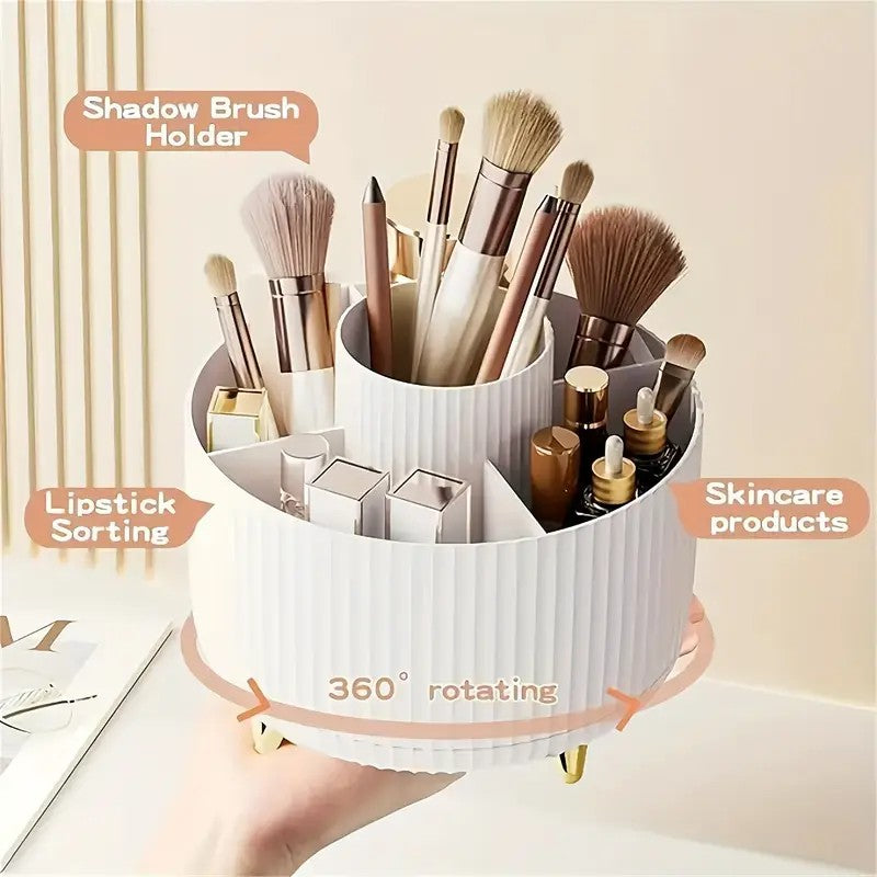 360° Rotating Multi-Compartment Makeup Brush Holder: Luxurious Vertical Texture with Golden Feet Design, Scientifically Organized Storage, One Cylinder to Tidy Your Vanity Table(White))