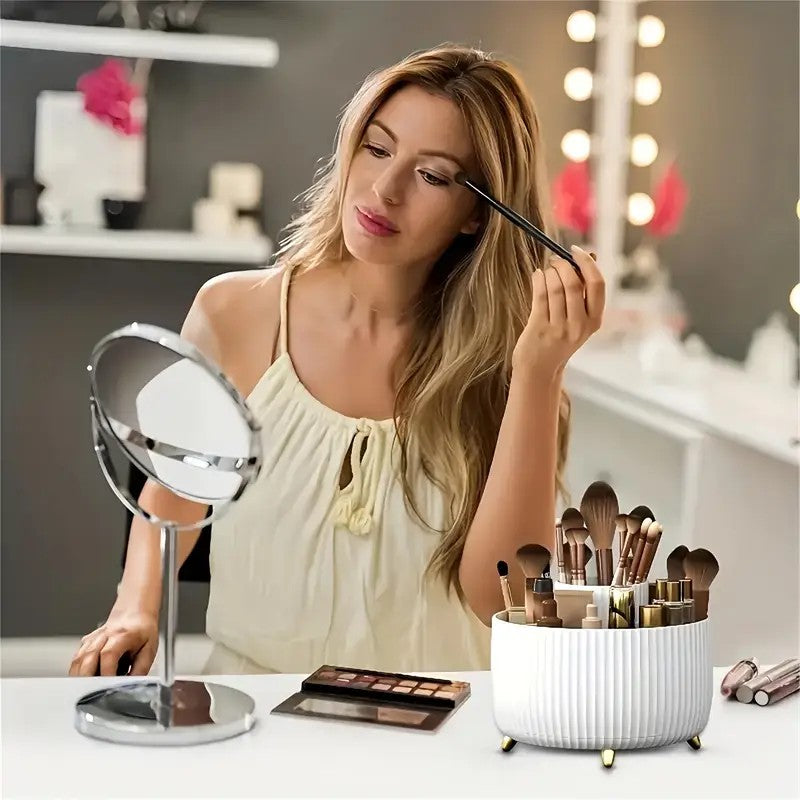 360° Rotating Multi-Compartment Makeup Brush Holder: Luxurious Vertical Texture with Golden Feet Design, Scientifically Organized Storage, One Cylinder to Tidy Your Vanity Table(White))
