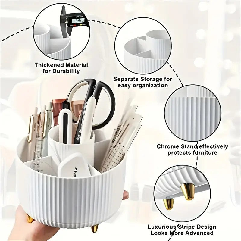 360° Rotating Multi-Compartment Makeup Brush Holder: Luxurious Vertical Texture with Golden Feet Design, Scientifically Organized Storage, One Cylinder to Tidy Your Vanity Table(White))