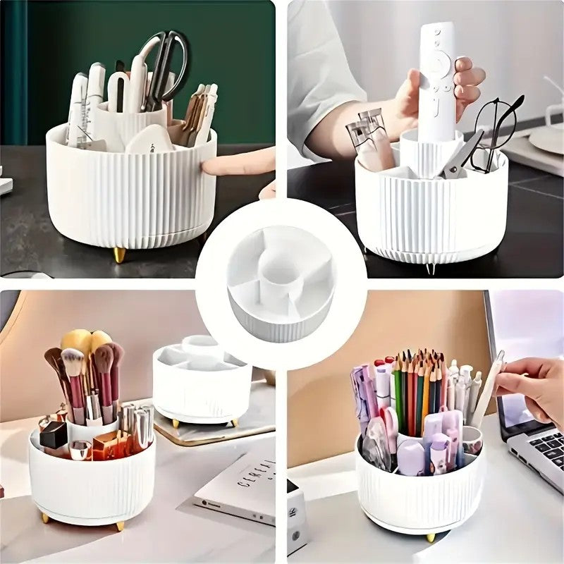 360° Rotating Multi-Compartment Makeup Brush Holder: Luxurious Vertical Texture with Golden Feet Design, Scientifically Organized Storage, One Cylinder to Tidy Your Vanity Table(White))