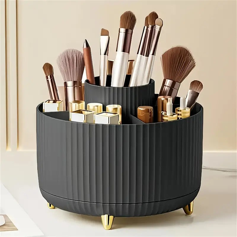 360° Rotating Multi-Compartment Makeup Brush Holder: Luxurious Vertical Texture with Golden Feet Design, Scientifically Organized Storage, One Cylinder to Tidy Your Vanity Table(White))