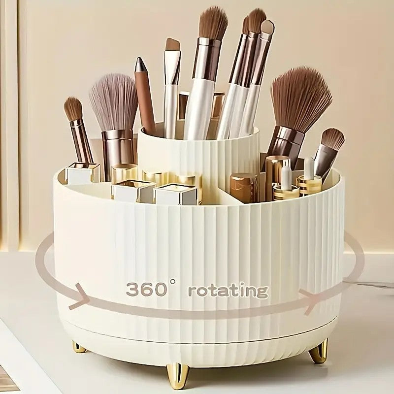 360° Rotating Multi-Compartment Makeup Brush Holder: Luxurious Vertical Texture with Golden Feet Design, Scientifically Organized Storage, One Cylinder to Tidy Your Vanity Table(White))