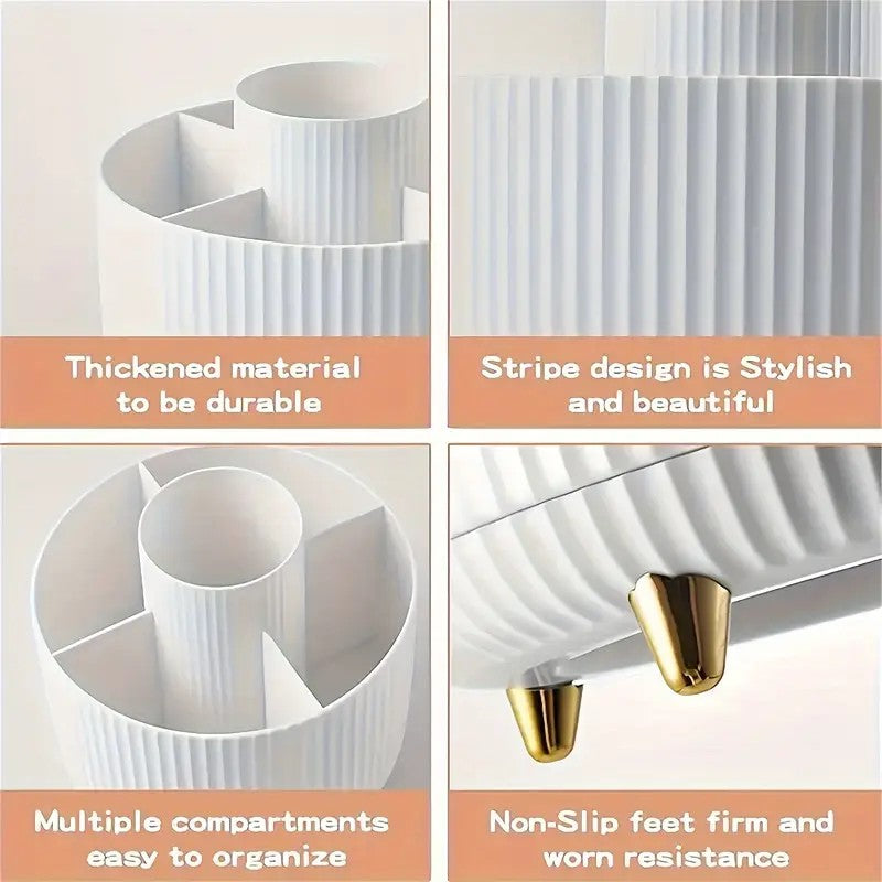 360° Rotating Multi-Compartment Makeup Brush Holder: Luxurious Vertical Texture with Golden Feet Design, Scientifically Organized Storage, One Cylinder to Tidy Your Vanity Table.(Black)