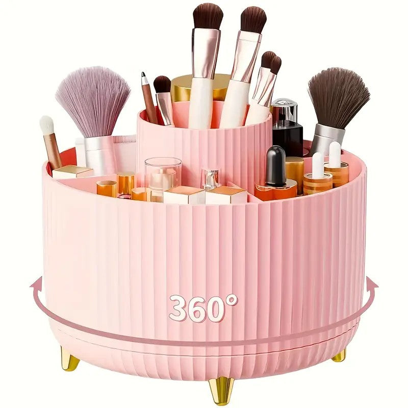360° Rotating Multi-Compartment Makeup Brush Holder: Luxurious Vertical Texture with Golden Feet Design, Scientifically Organized Storage, One Cylinder to Tidy Your Vanity Table.(Green)