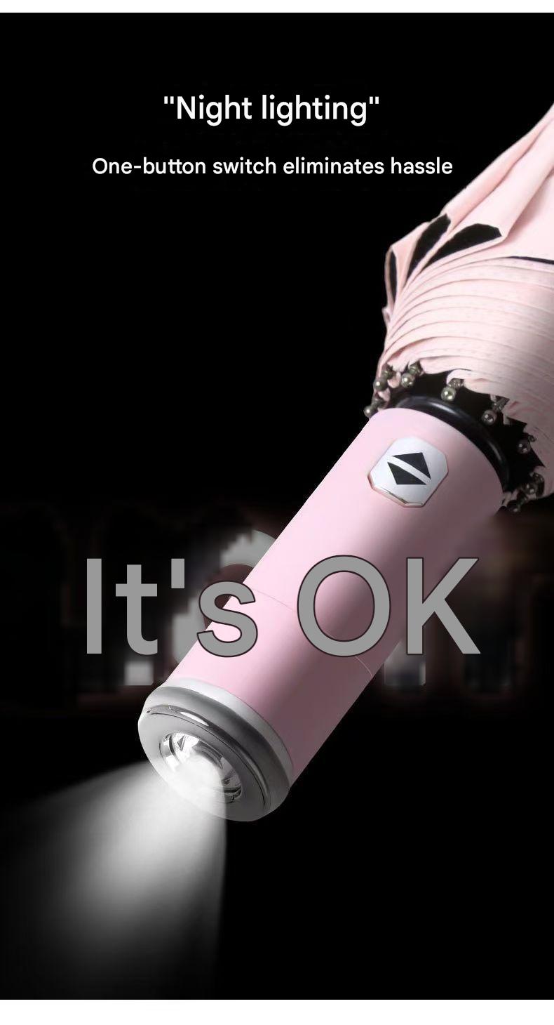 Thickened Black Coating Flashlight Umbrella: 10-rib navy blue dual-purpose umbrella, 106cm large diameter, 0.48kg lightweight with UV protection, lotus leaf water-repellent and black steel frame for durability.