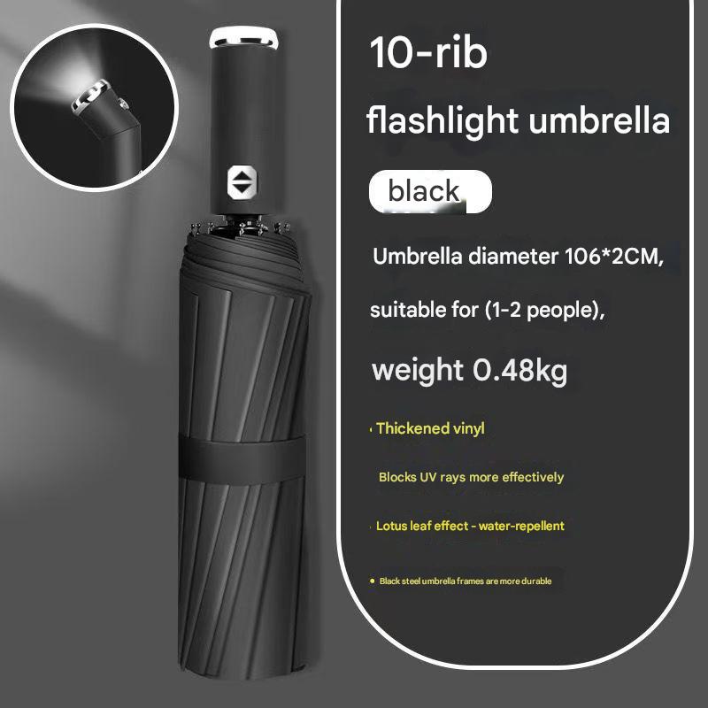 Thickened Black Coating Flashlight Umbrella: 10-rib navy blue dual-purpose umbrella, 106cm large diameter, 0.48kg lightweight with UV protection, lotus leaf water-repellent and black steel frame for durability.