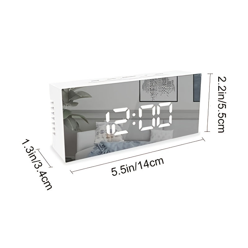 LED Mirror Desk Clock with Snooze Function & Temperature Display Digital Alarm Clock, Large LED Display Mirror Clock with Snooze, Adjustable Brightness, Suitable for Home Bedroom Living Room Office Travel (White)