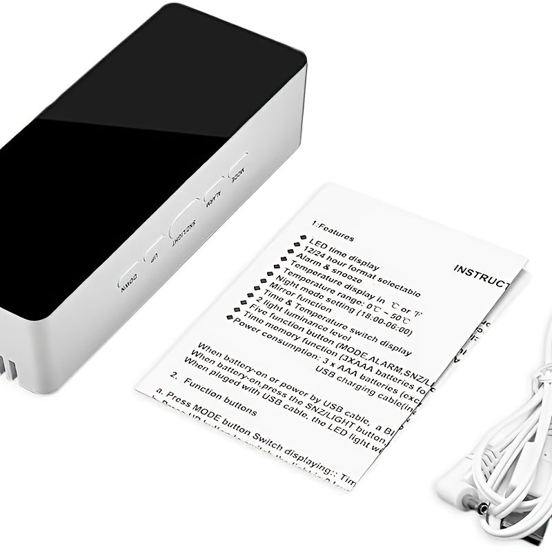 LED Mirror Desk Clock with Snooze Function & Temperature Display Digital Alarm Clock, Large LED Display Mirror Clock with Snooze, Adjustable Brightness, Suitable for Home Bedroom Living Room Office Travel (White)