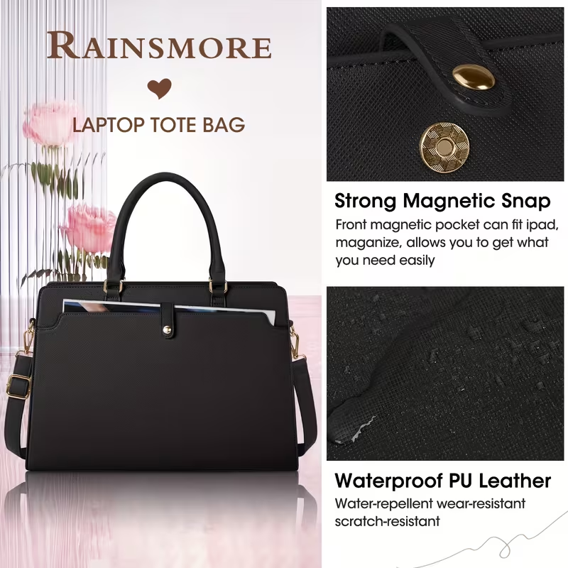 15.6-inch Laptop Tote Bag for Women, Large Capacity Faux Leather Work Tote, Waterproof Business Office Computer Bag, Ladies Travel Handbag & Shoulder Bag.