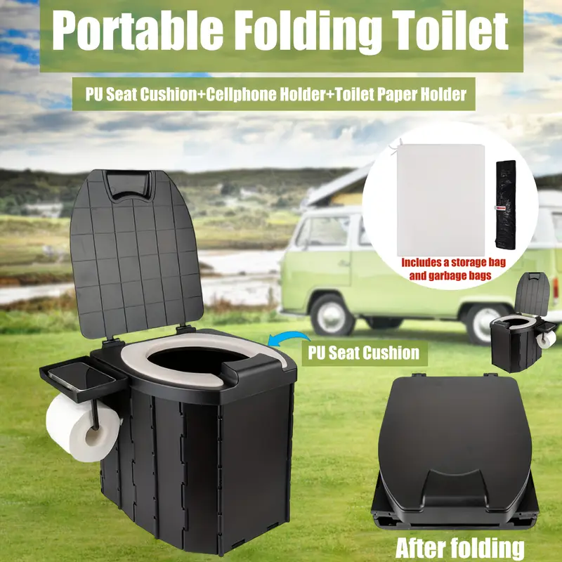 Portable folding toilets with PU seat cushions and portable toilets with covers, suitable for RVS, cars, camping and hiking