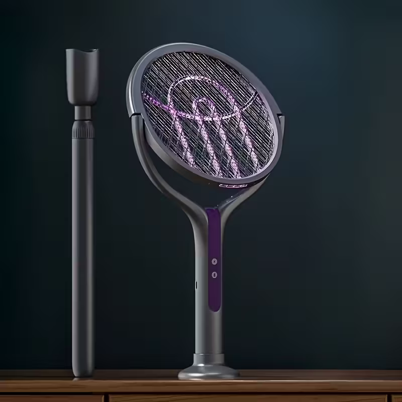 2-in-1 foldable and extendable electric mosquito swatter and purple insect lamp rechargeable fly swatter - USB-powered extendable pole, suitable for indoor, office, backyard, camping - portable mosquito killer, modern aesthetics, durable structure