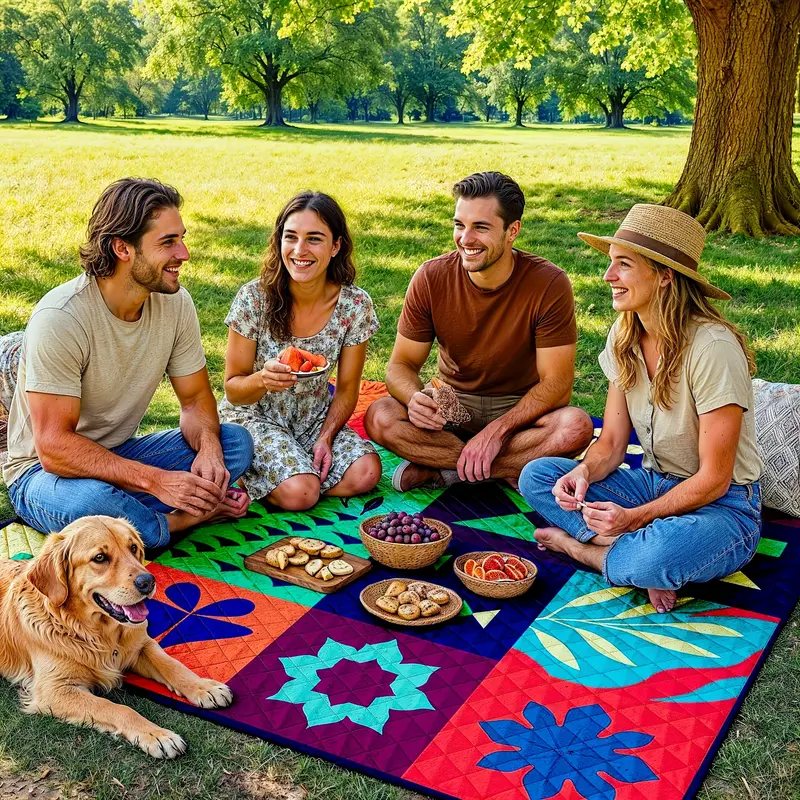 Extra-large 198.12x198.12 cm foldable picnic mat with portable rope. Soft padding design, floral and fruit prints, durable polyester material, perfect for beaches, parks, camping and travel - hand wash only, embossed PU-coated Oxford fabric.