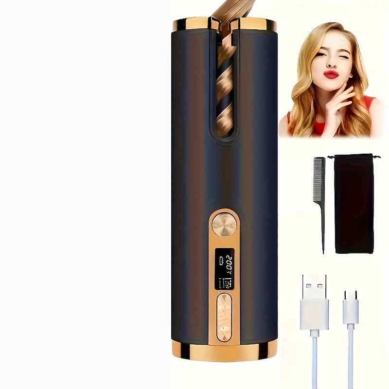 Black - gold color Black Automatic Hair Curler LED Temperature Display USB Rechargeable Curler Salon