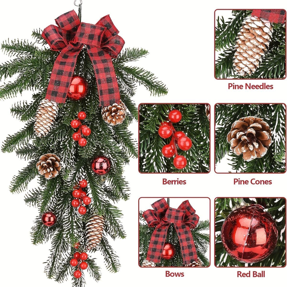 Christmas garland, pinecone garland, berry garland, plaid bow garland, Christmas decoration, holiday decor, door hanger, wall decor, window decor, Australian Christmas decor, festive garland - Green - Size Christmas