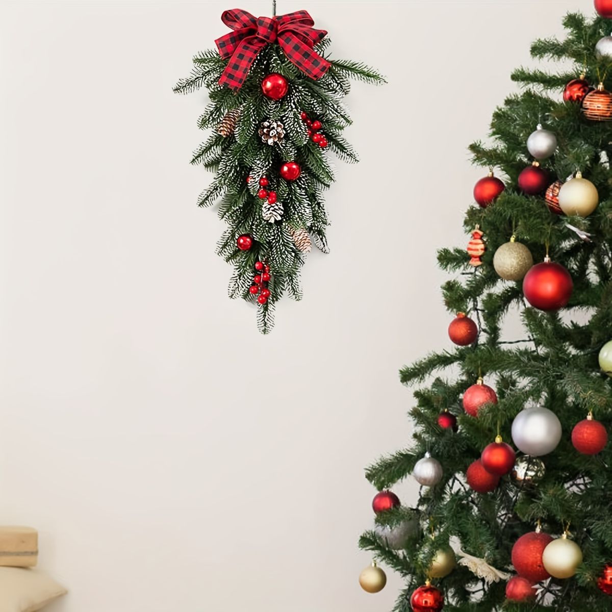 Christmas garland, pinecone garland, berry garland, plaid bow garland, Christmas decoration, holiday decor, door hanger, wall decor, window decor, Australian Christmas decor, festive garland - Green - Size Christmas