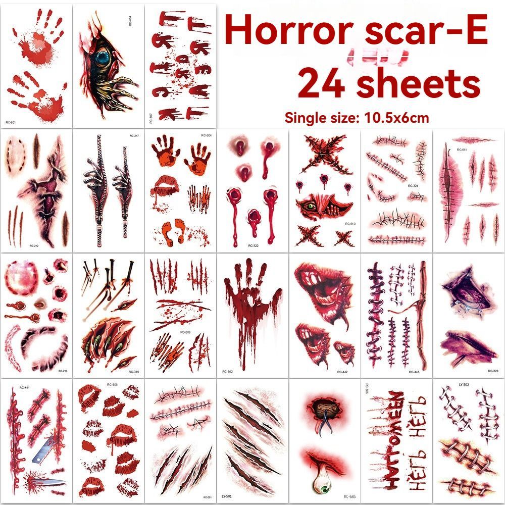 Halloween Tattoos 3D Temporary Tattoos Fake Wound Stickers Blood Wounds - Red - Size scarB-12pcs