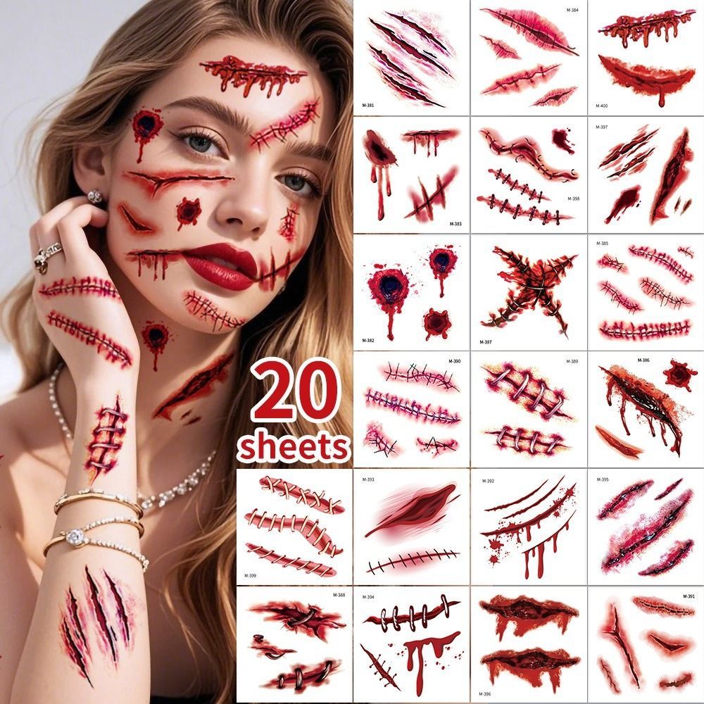Halloween Tattoos 3D Temporary Tattoos Fake Wound Stickers Blood Wounds - Red - Size scarE-24pcs