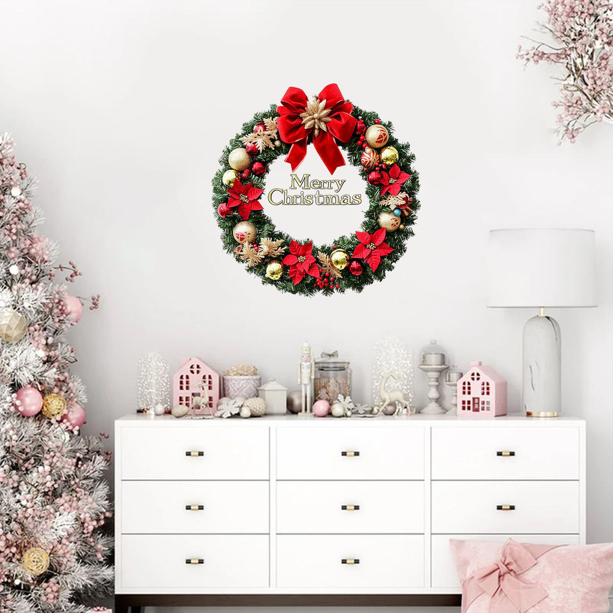 Christmas wreath, bows, Christmas balls, poinsettias, holiday decoration, outdoor decor, indoor decor, Australian Christmas, festive wreath, front door wreathas Balls Poinsettias Holiday Decoration Outdoor - Red - Size M