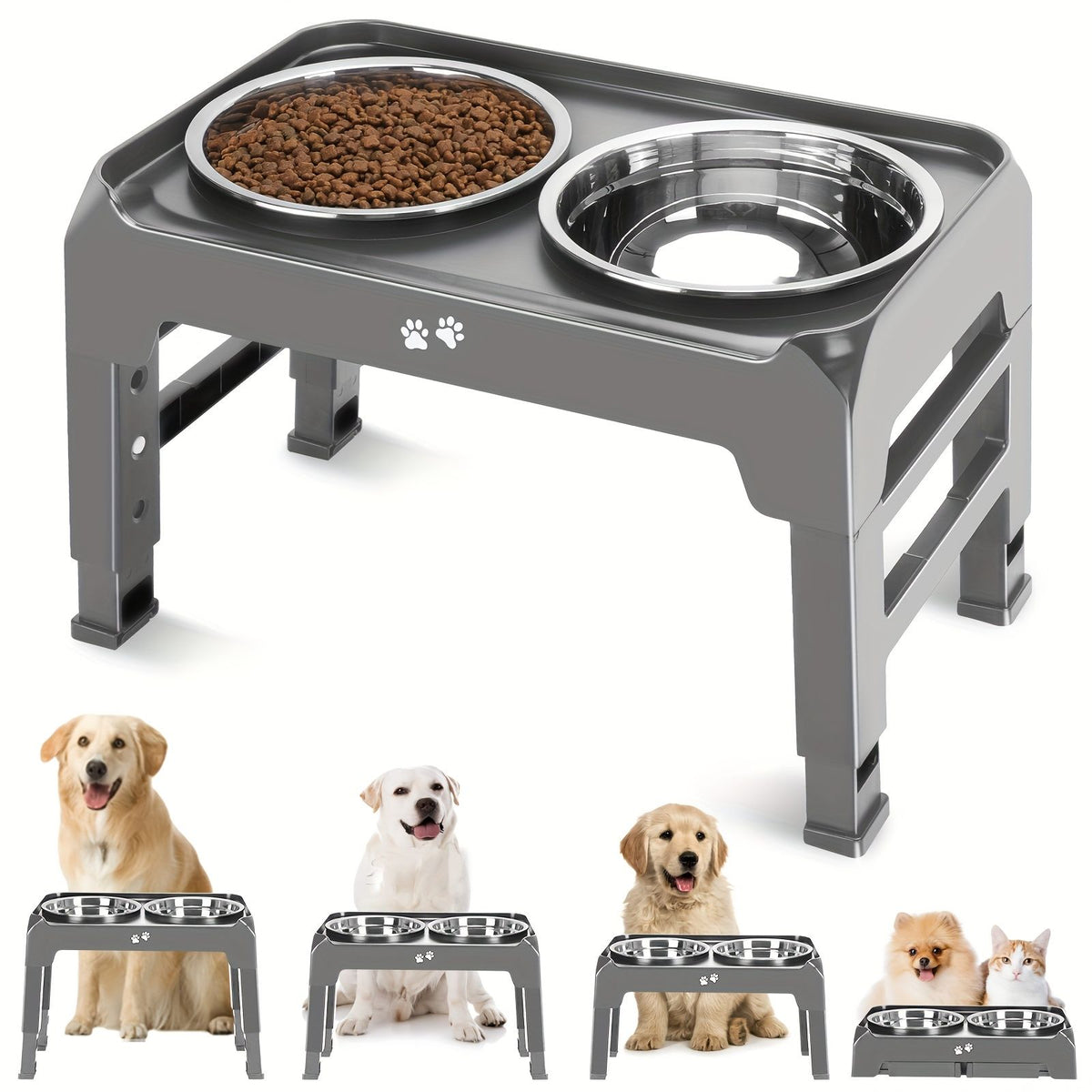 Gray Black dog feeder, elevated dog feeder, double bowl dog feeder, stainless steel dog bowls, ergonomic pet feeder, anti-slip dog bowl stand