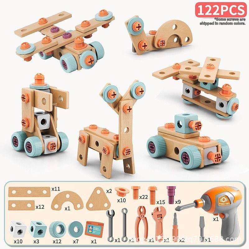 DIY assembly toy, wooden building set, electric drill toy for kids, educational construction toy, creative puzzle set, children's tool kit, Australian toy, hand-eye coordination toy - Multi - Size 147pcs