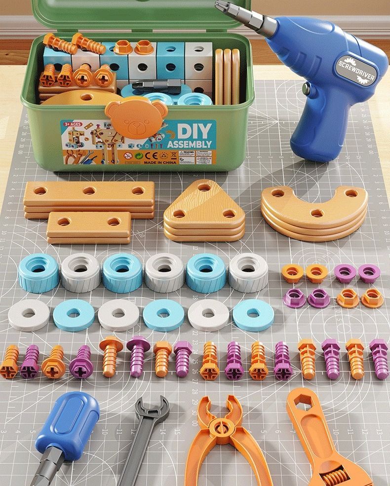 DIY assembly toy, wooden building set, electric drill toy for kids, educational construction toy, creative puzzle set, children's tool kit, Australian toy, hand-eye coordination toy - Multi - Size 125pcs
