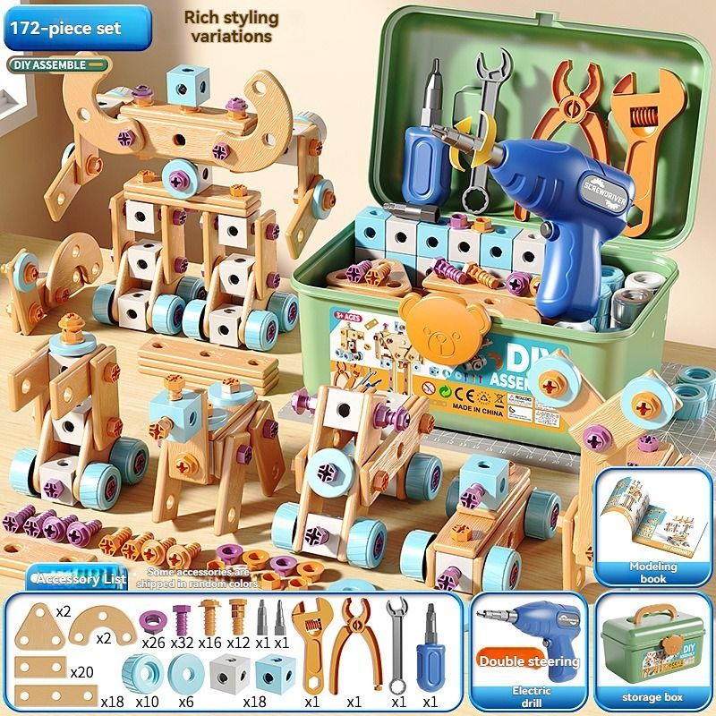 DIY assembly toy, wooden building set, electric drill toy for kids, educational construction toy, creative puzzle set, children's tool kit, Australian toy, hand-eye coordination toy - Multi - Size 125pcs