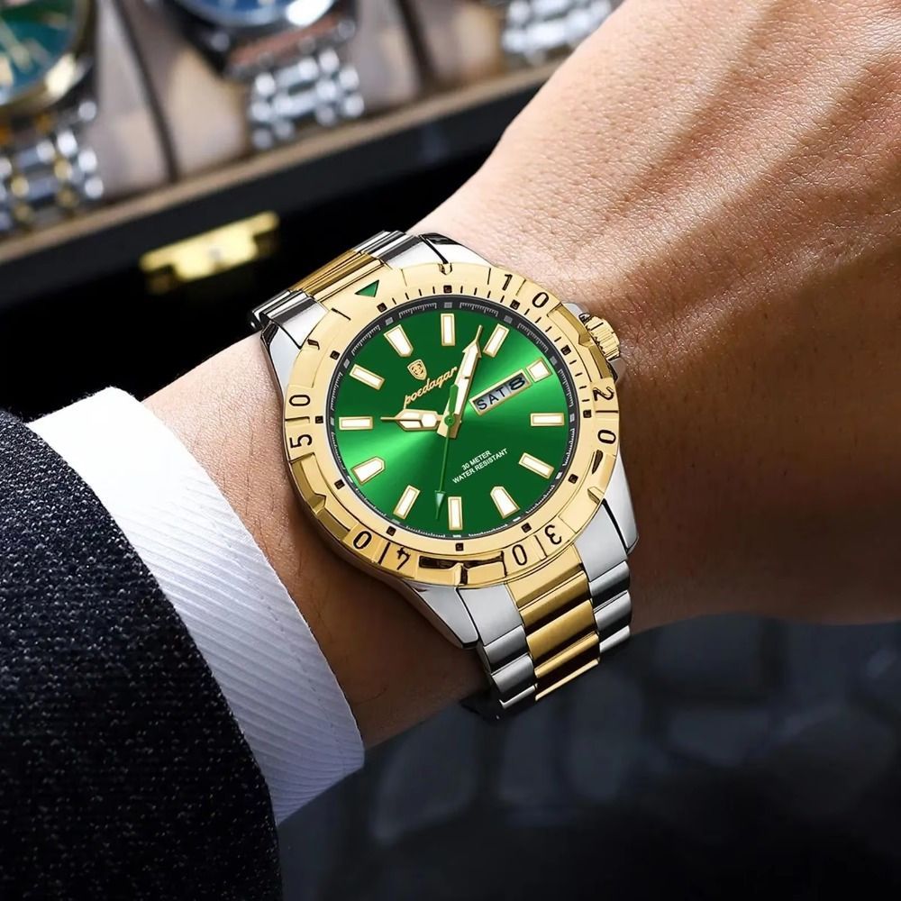 Men'S Watch Stainless Steel Watch Blue Dial Watch Water-Resistant Watch - 959 Gold, Silver, Green - Size 01