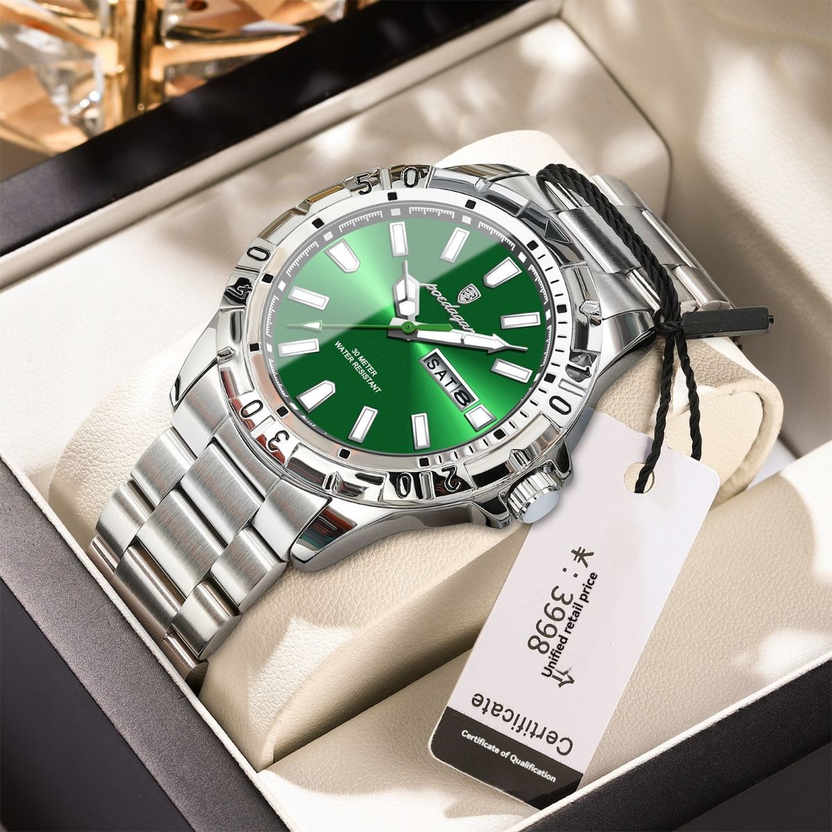 Men'S Watch Stainless Steel Watch Blue Dial Watch Water-Resistant Watch - 959 Gold, Silver, Green - Size 01