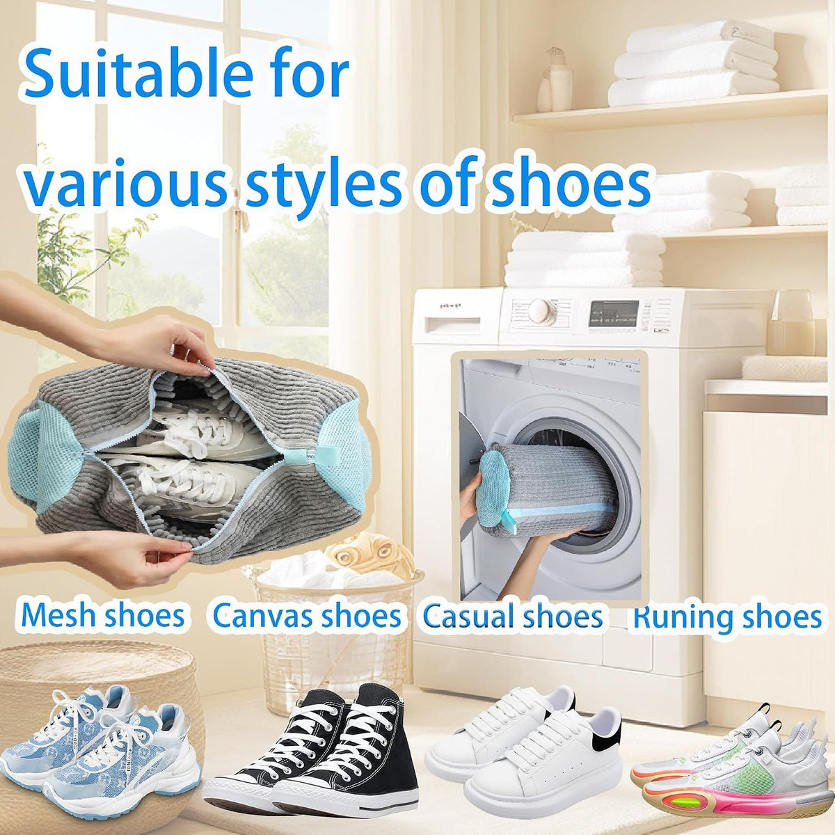 Shoe Washer Bag Laundry Shoe Bag for Washer & Dryer, Reusable 2 Pack Sneaker Cleaning Bag, 360° Deep Cleaning Machine for All Shoe Types with Self-Locking Zipper（Grey）