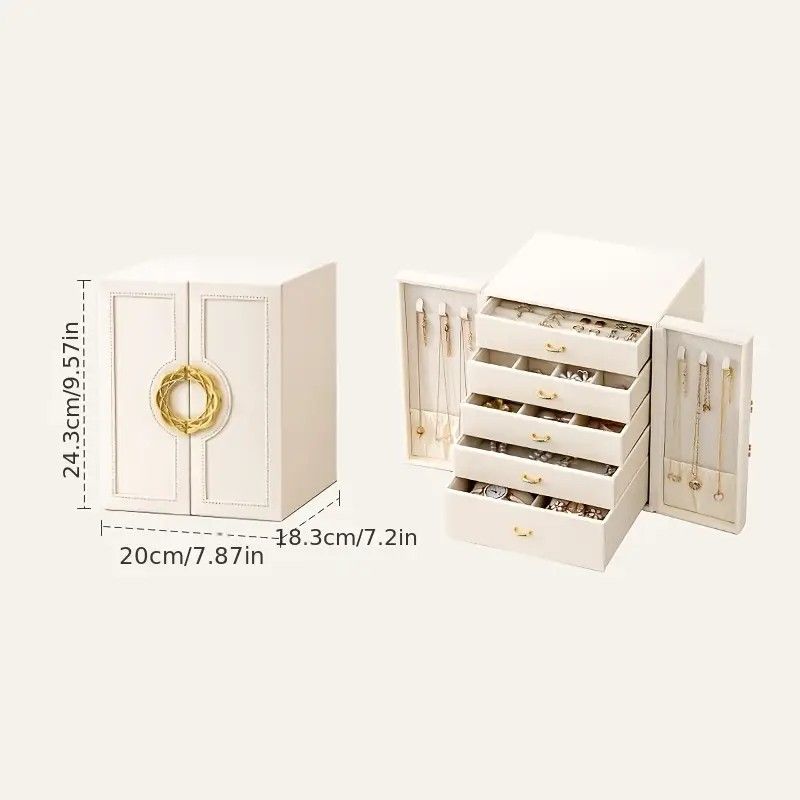 Blue  1 Large Faux Leather Jewelry Storage Box with 5 Drawers and Gold Handles - An elegant rectangular storage space for rings, necklaces, bracelets, earrings, and watches - Features soft fabric lining, side door design, textured surface finish - Luxury