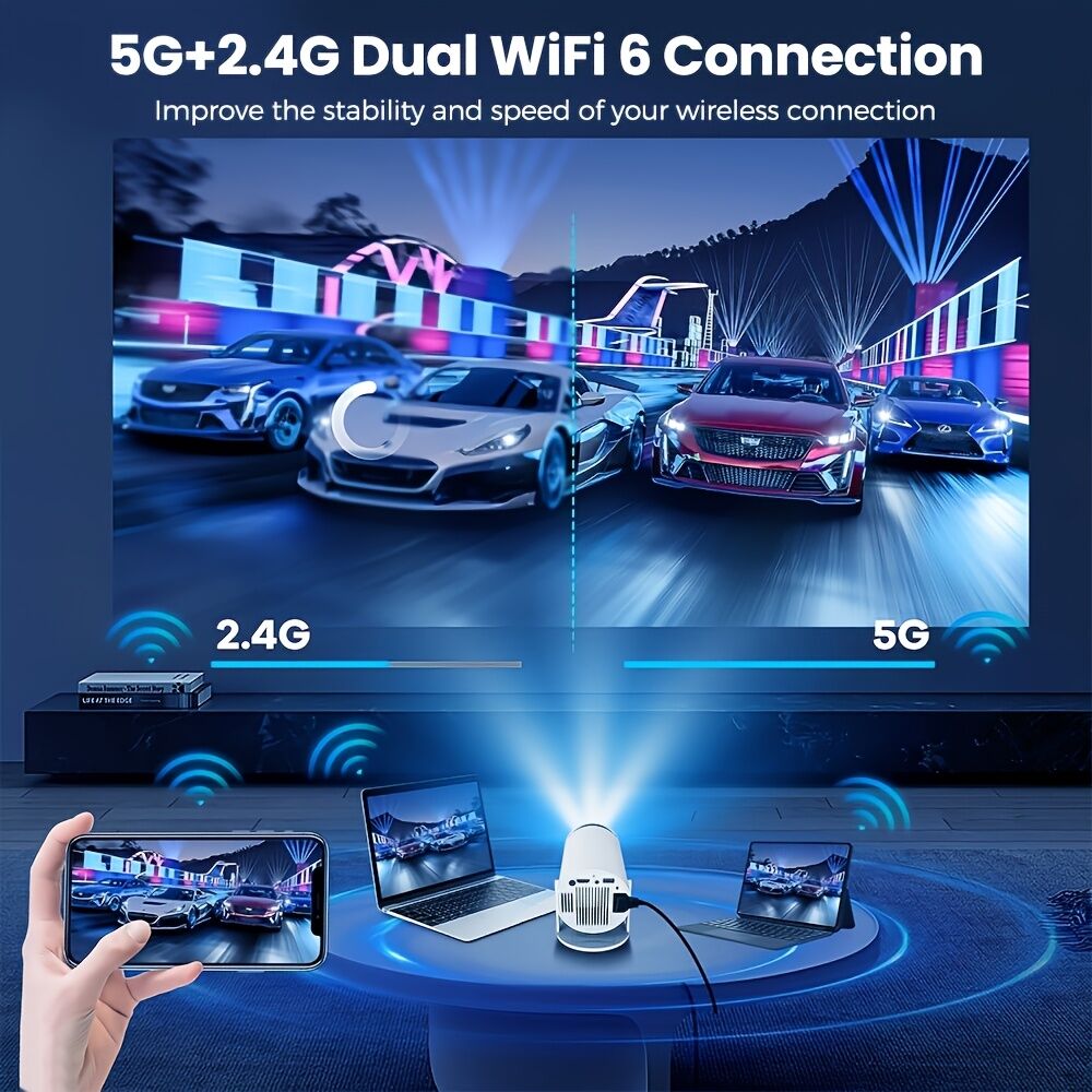 HY300 Pro mini portable projector, native 1280 * 720P support 4K / 350ANSI smart projector, with WiFi 6 BT 6.0, Screen adjustment, 180-degree rotation, home video projector with Android 11. 0 operating system built-in