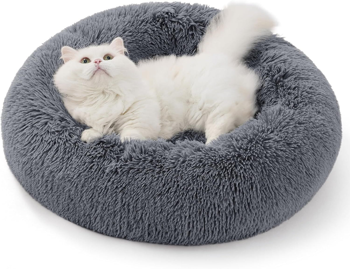 Calming Donut Cat Bed - Fluffy Plush Round Pet Bed, Suitable for Kittens and Puppies, Washable, Anxiety-Relief, Soft, Comfortable Hugging, 50.8 x 50.8 cm, Gray (Basic Version)