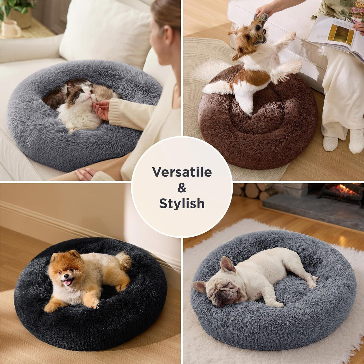 Soothing Donut Cat Bed - Fluffy Plush Round Pet Bed, Suitable for Kittens and Dogs, Washable, Anxiety-Free, Soft, Comfortable Hug, 50.8 x 50.8 cm, Brown (Basic Edition)