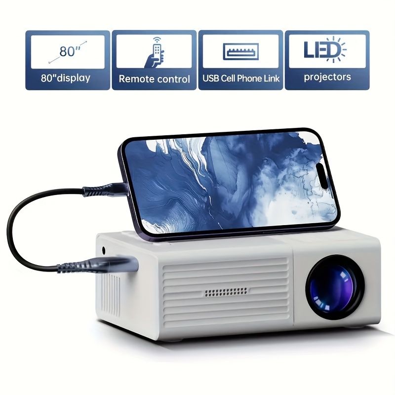 Pocket cinema carries | 80-inch wireless mini projector, direct phone connection, USB instant broadcast, and camping bedroom enjoys HD giant screen.