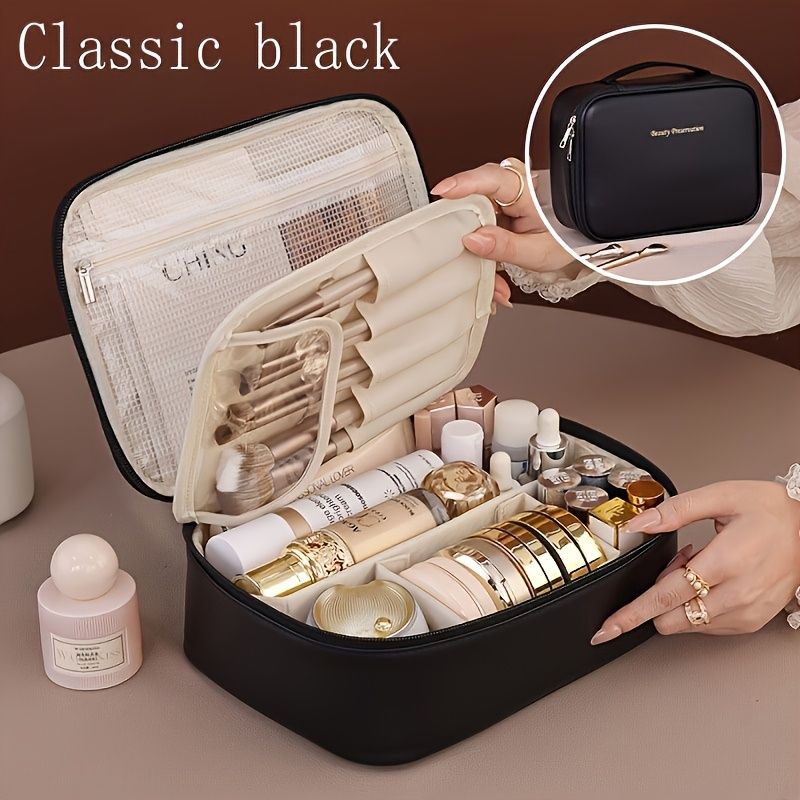 High-capacity multi-layer travel makeup organizer, featuring removable compartments and a brush holder—a portable beauty case, elegantly painted storage box, designed as a standalone unit, no assembly required.（BLACK）