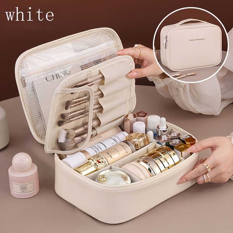 High-capacity multi-layer travel makeup organizer, featuring removable compartments and a brush holder—a portable beauty case, elegantly painted storage box, designed as a standalone unit, no assembly required.（BLACK）