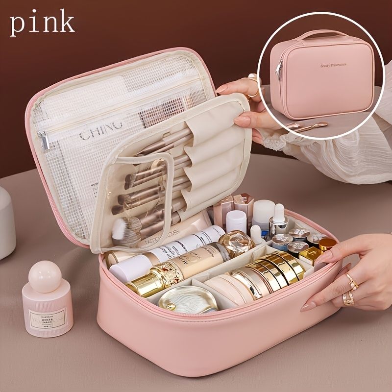 High-capacity multi-layer travel makeup organizer, featuring removable compartments and a brush holder—a portable beauty case, elegantly painted storage box, designed as a standalone unit, no assembly required.（BLACK）