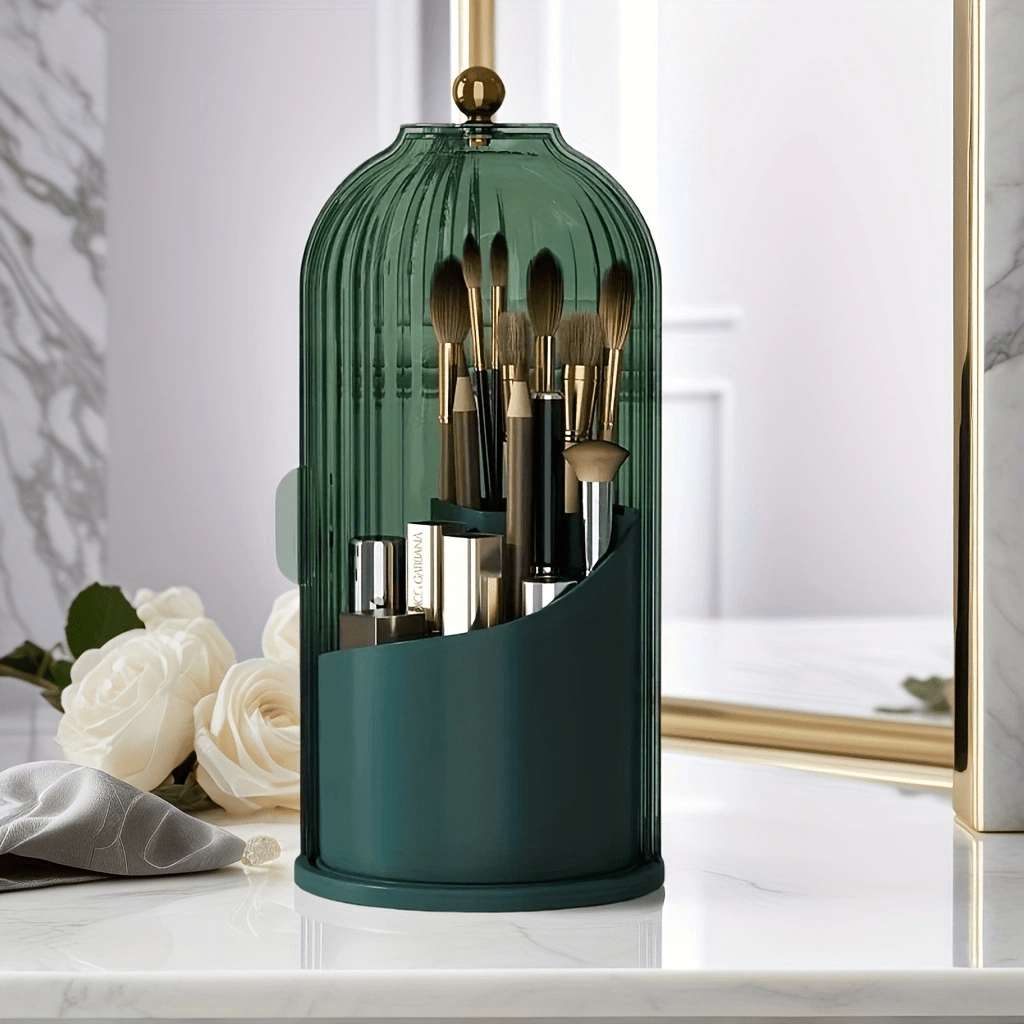 Transparent Rotating Makeup Brush Holder: 360° Rotation for Easy Access, Dust-Proof with Compartments, Neat and Portable(Transparent green）
