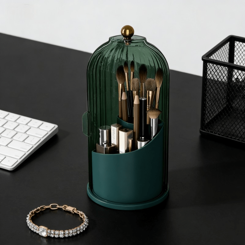 Transparent Rotating Makeup Brush Holder: 360° Rotation for Easy Access, Dust-Proof with Compartments, Neat and Portable(Transparent green）