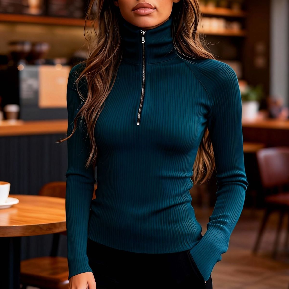 Women'S Turtleneck Top Black High Neck Top Slim Fit Knitwear Winter Layering - Olive green - Size XL(AU XL/EU52)