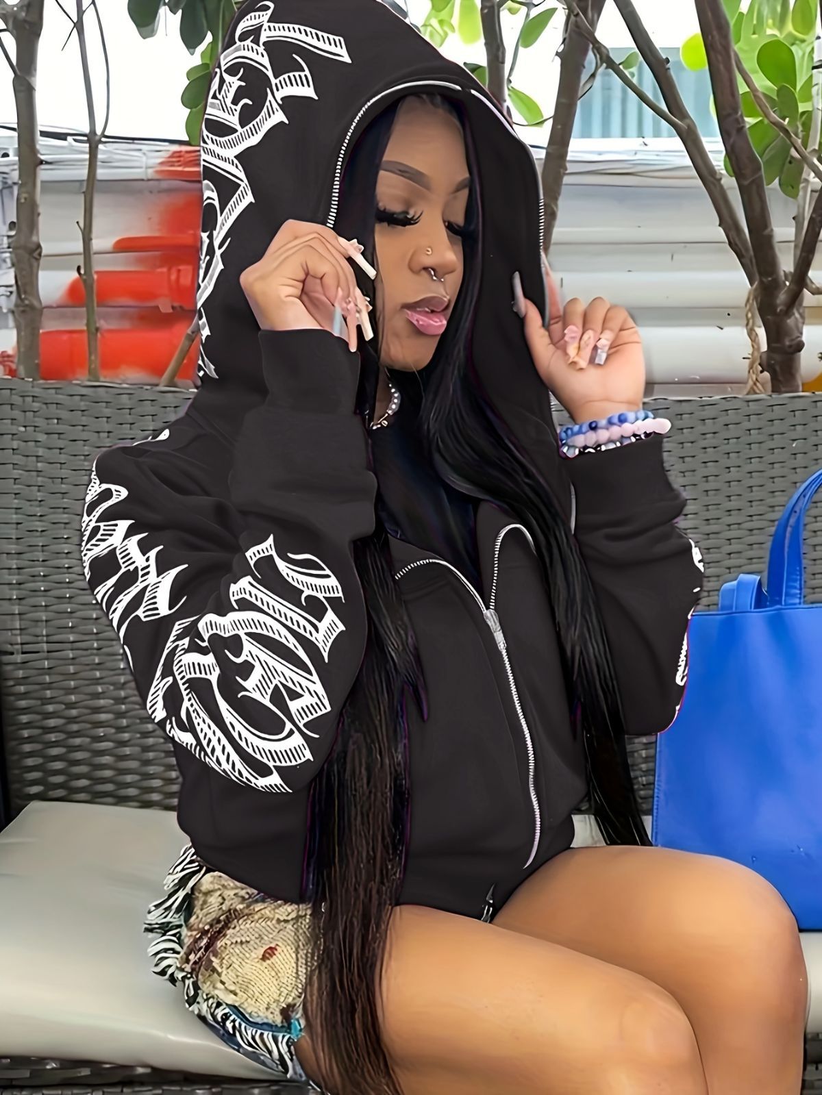 Y2k Hoodie Gothic Streetwear Women'S Zip-Up Jacket Letter Print Hoodie - Light Purple - Size XL(AU XL/EU52)