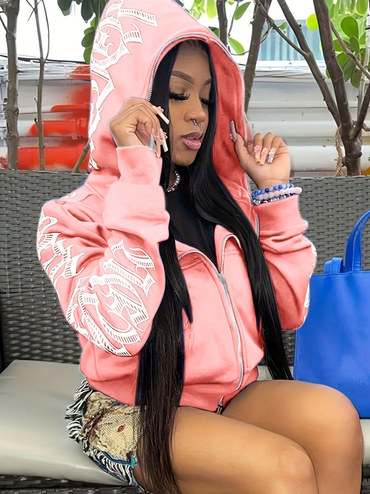 Y2k Hoodie Gothic Streetwear Women'S Zip-Up Jacket Letter Print Hoodie - Light Purple - Size XL(AU XL/EU52)