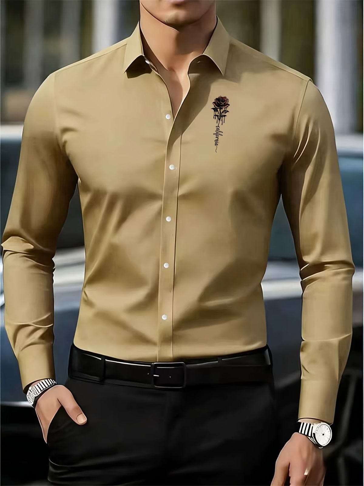 Men'S Formal Shirt Slim Fit Dress Shirt Long Sleeve Shirt Printed Shirt - Green - Size XL(AU XL/EU52)