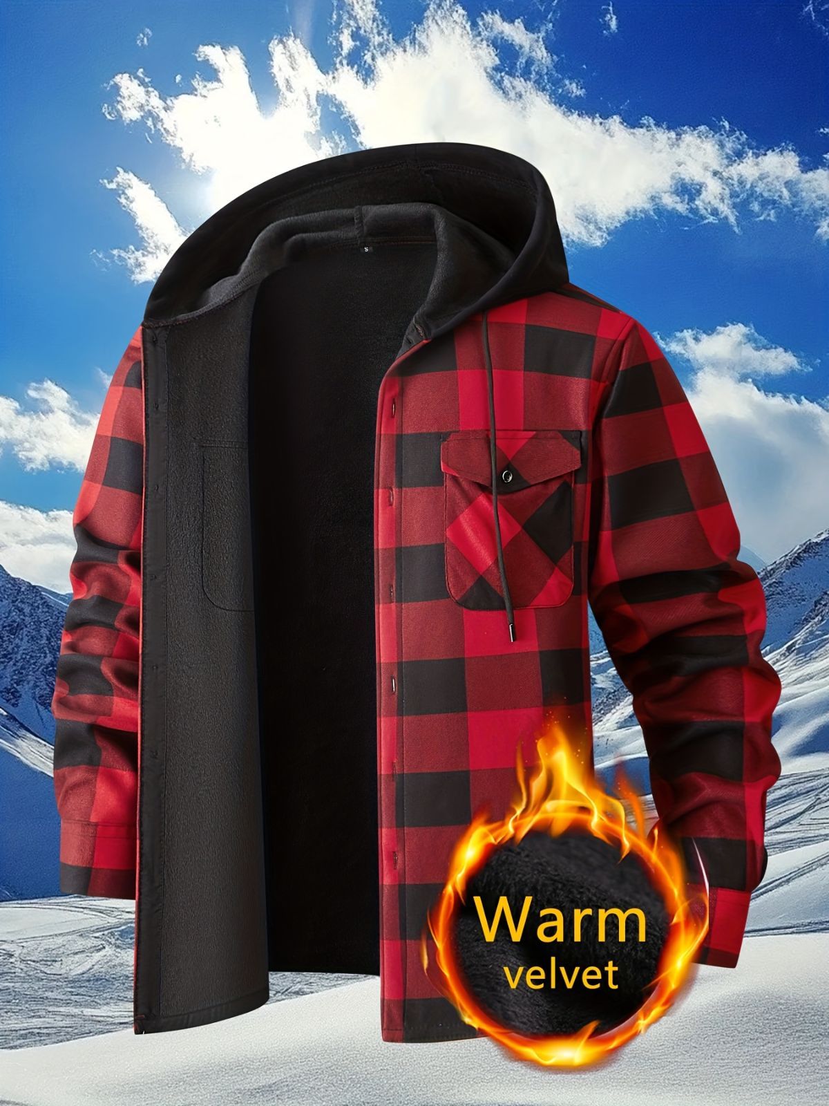 Plaid Hooded Jacket with Velvet Lining - Red - Size S(AU S/EU46)