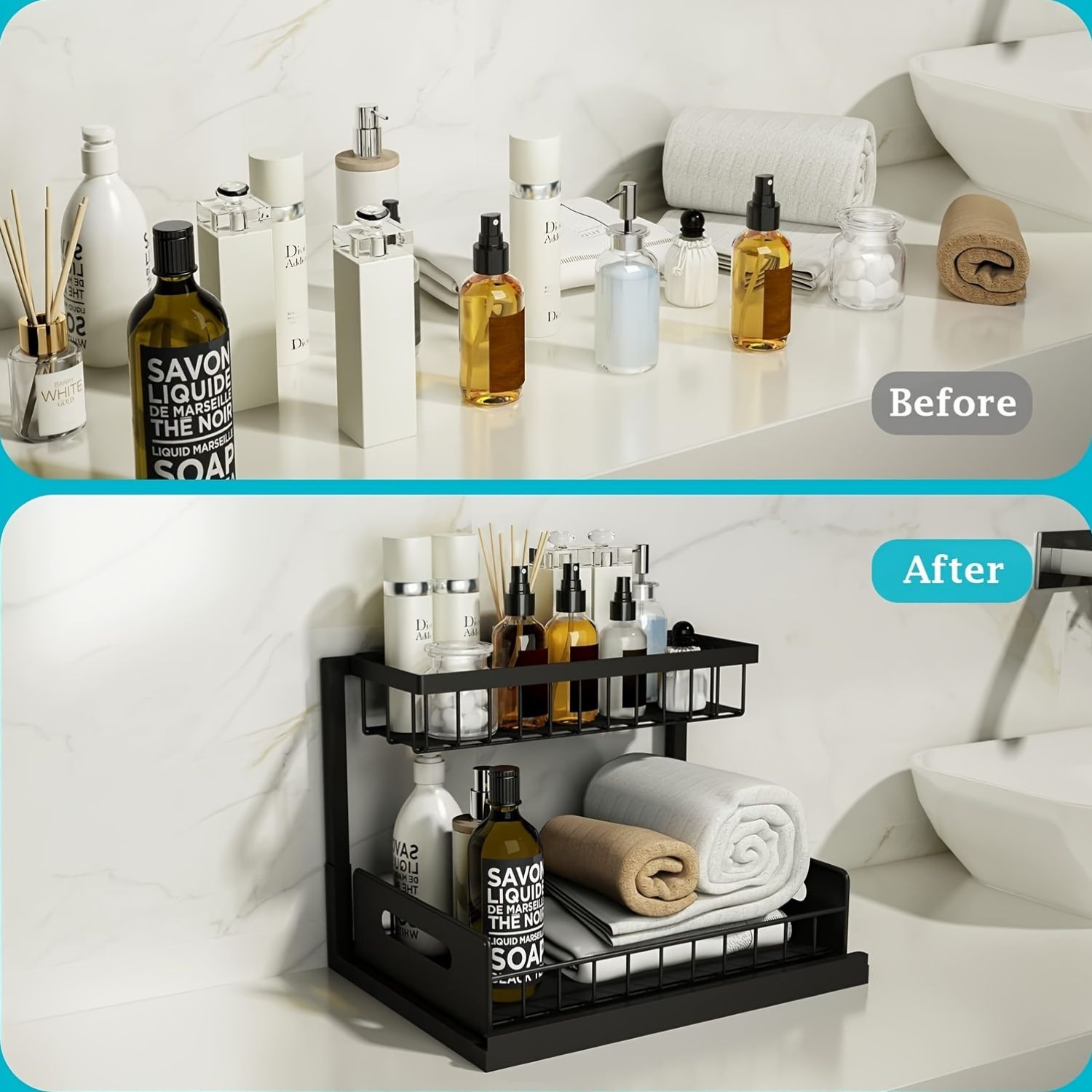 Kitchen sink storage box, pull-out cabinet storage box 2-layer sliding sink rack cabinet storage rack, kitchen bathroom cabinet sink drain storage pull-out frame